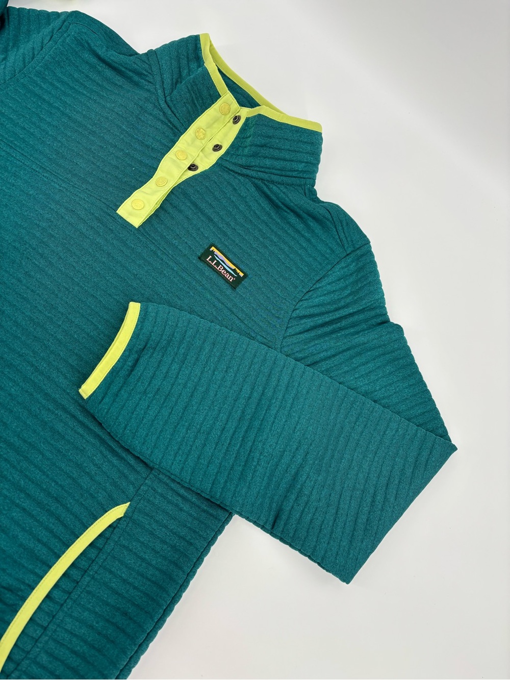 LL Bean Airlight Knit Pullover Women’s Large Teal Green Snap Neck Quilted 506463